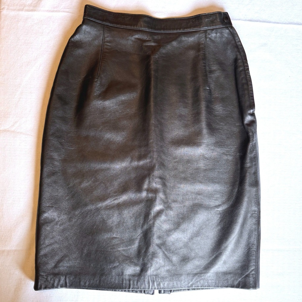 Vintage Maxima Design Studio Black Leather Pencil Skirt USA High Waist Lined
